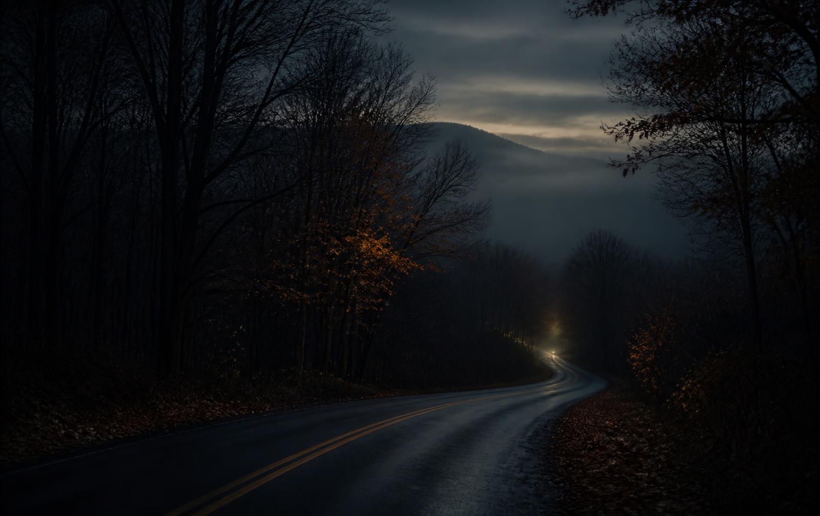 A quiet New England road at dusk with fog settling over the hills